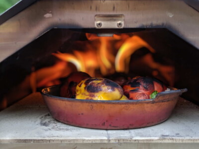 Peppers roasting in the wood oven