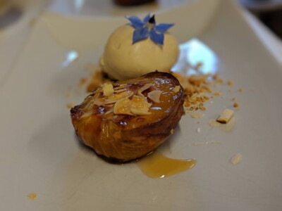Roast peach with burnt honey ice cream