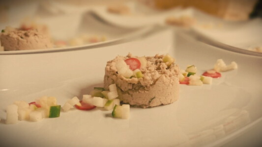 Smoked mackerel pate with pickled radish, cucumber and apple